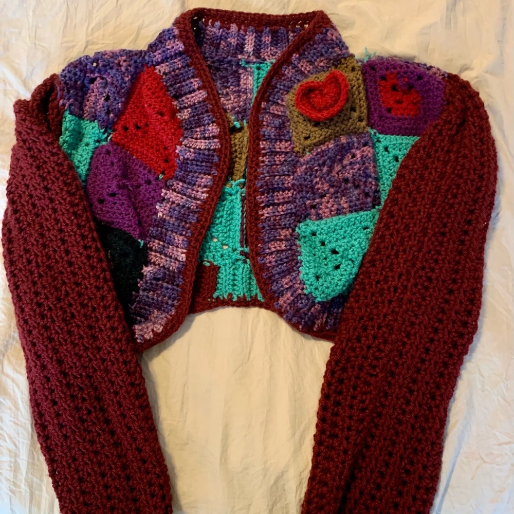 Hand-crocheted cropped patchwork cardigan, medium